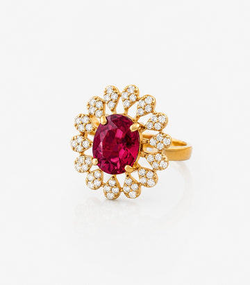 Gold Ring With Red Gemstones And White Diamonds Flower