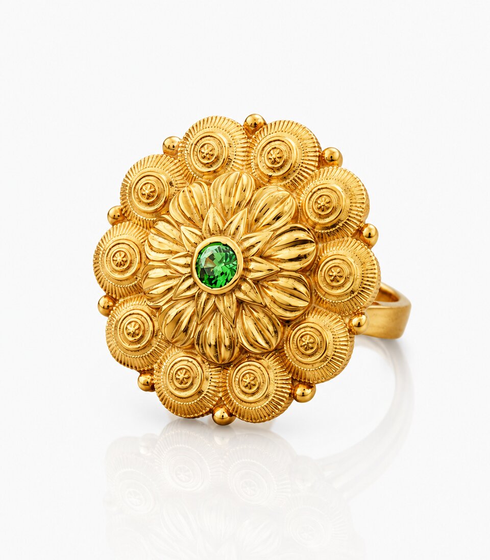 Graceful Gold Ring Showcasing Floral Design with Lush Green Gemstone