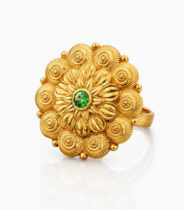Graceful Gold Ring Showcasing Floral Design with Lush Green Gemstone