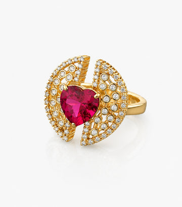 Gold Ring With Heart Design Red Gemstone And diamond Stone