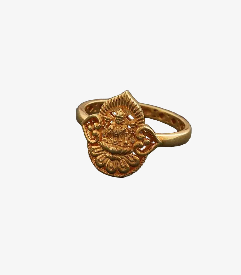 Gold ring with Leaf and Lakshmi intricate design on a gray background