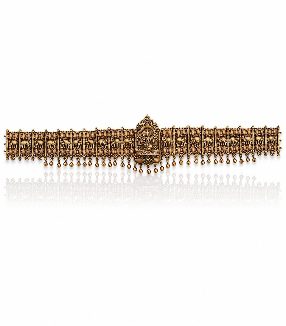 Antique-Finish Temple Jewelry Vaddanam Featuring A Central Goddess Lakshmi