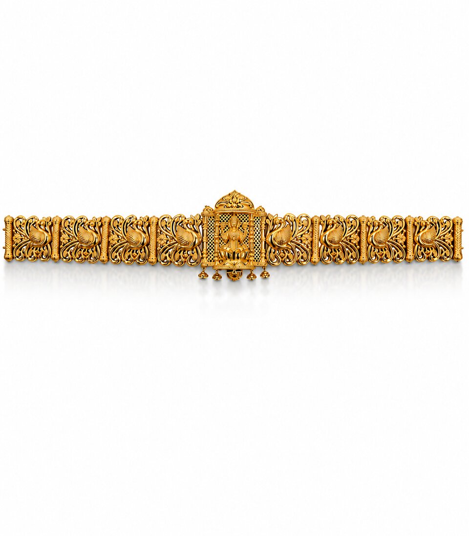 Antique-Finish Temple Jewelry Vaddanam Featuring A Central Shrine